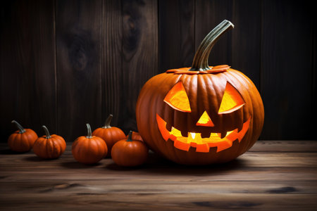Halloween pumpkin head jack lantern on wooden backgroundの素材