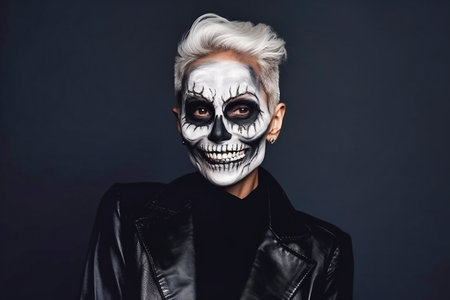 Halloween. Young beautiful girl on a dark background with a face painted for the holiday. Festive makeup for all saints day or halloweenの素材