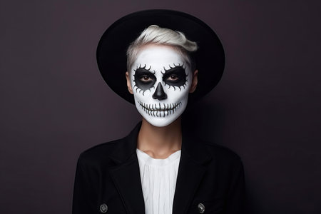Halloween. Young beautiful girl on a dark background with a face painted for the holiday. Festive makeup for all saints day or halloweenの素材