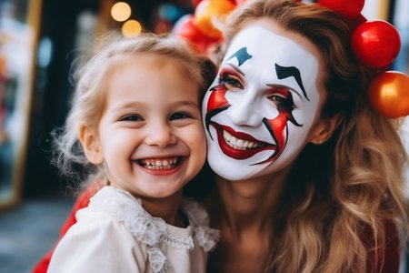 Loving mom and daughter preparing for Halloween party. Mother Daughter Halloweenの素材