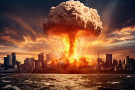 Nuclear explosion against the backdrop of a large city on the sea or ocean. Sunset. Apocalypse. war. nuclear threat. third world warの素材