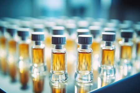Glass vials for liquid samples. Laboratory equipment for dispensing fluid samples. Shallow depth of fieldの素材