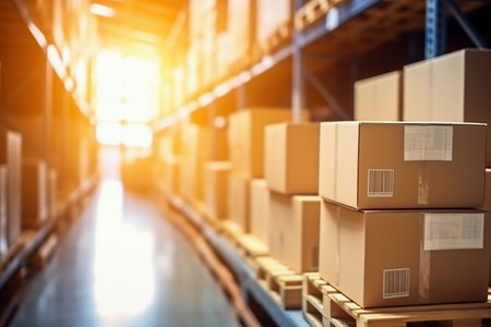 Interior of a modern warehouse. Large space for storing and moving goods. logistics. Blurred background. The sun's rays fall through the windows into the warehouseの素材
