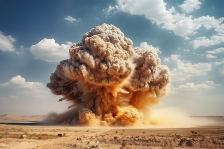 Nuclear explosion in the desert. Puffs of sand and ash against the sky. Apocalypse. war. nuclear threat. third world warの素材