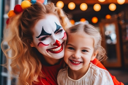 Loving mom and daughter preparing for Halloween party. Mother Daughter Halloweenの素材