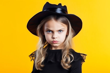A little girl in a witch or sorceress costume on a yellow-orange background makes a scary face in the celebration of Halloweenの素材