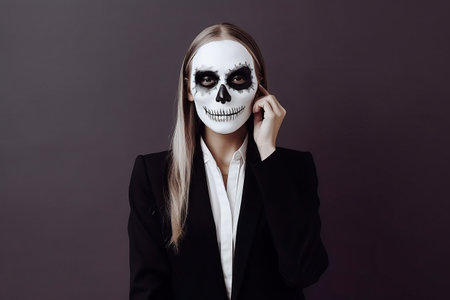 Halloween. Young beautiful girl on a dark background with a face painted for the holiday. Festive makeup for all saints day or halloweenの素材
