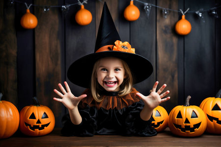 Happy little child girl in witch costumes and makeup having fun on Halloween celebrationの素材