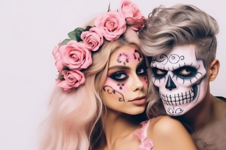 Halloween. A young beautiful couple of a man and a woman with faces decorated for the holiday. Festive makeup for all saints day or halloweenの素材