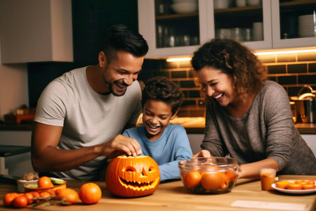 Happy family, father and children are preparing to celebrate Halloween. Making holiday decorationsの素材