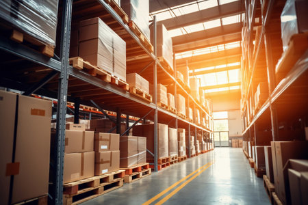 Interior of a modern warehouse. Large space for storing and moving goods. logistics. Blurred background. The sun's rays fall through the windows into the warehouseの素材