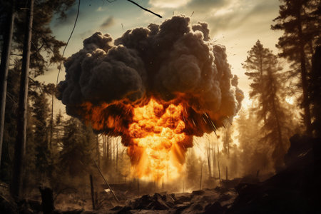Powerful bomb explosion in the forest or taiga. Fallen trees fire and flames. Apocalypse. war. military threat. third world warの素材