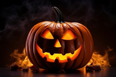 Halloween pumpkin head jack lantern on wooden backgroundの素材