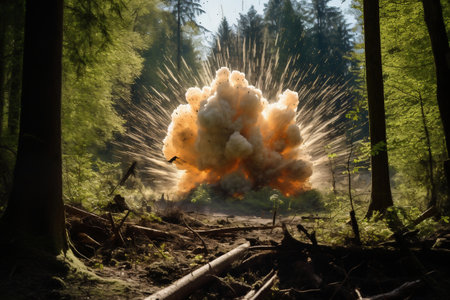 Powerful bomb explosion in the forest or taiga. Fallen trees fire and flames. Apocalypse. war. military threat. third world warの素材