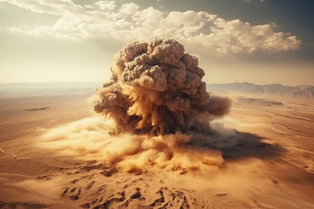 Nuclear explosion in the desert. Puffs of sand and ash against the sky. Apocalypse. war. nuclear threat. third world warの素材