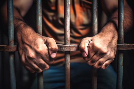 Man behind prison bars. Men's hands rest on the bars of a prison or prison cell. Conclusion concept. Crime and Punishment. close-up. Repression. Justiceの素材