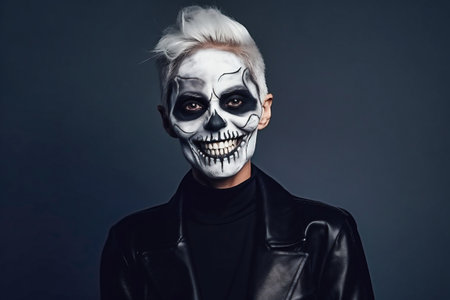 Halloween. Young beautiful girl on a dark background with a face painted for the holiday. Festive makeup for all saints day or halloweenの素材