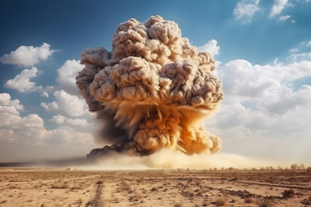 Nuclear explosion in the desert. Puffs of sand and ash against the sky. Apocalypse. war. nuclear threat. third world warの素材