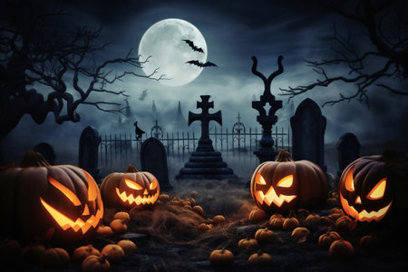 Halloween pumpkins near a tree in a cemetery with a scary house. Halloween background at night forest with moon and batsの素材