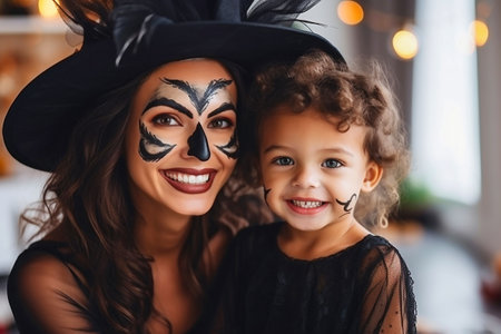 Loving mom and daughter preparing for Halloween party. Mother Daughter Halloweenの素材