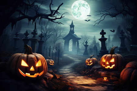 Halloween pumpkins near a tree in a cemetery with a scary house. Halloween background at night forest with moon and batsの素材