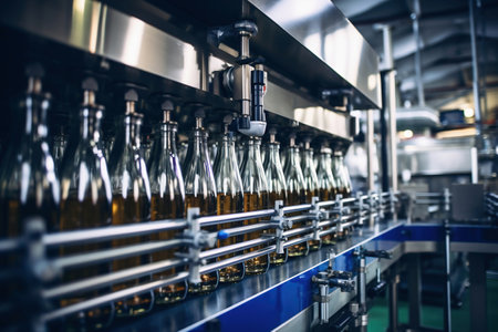 Factory for the production of beer. Brewery conveyor with glass beer drink alcohol bottles, modern production line. Blurred background. Modern production for bottling drinks. selective focusの素材