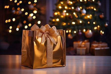 Gift for Christmas and New Year from gold paper on the background of the Christmas tree. Blurred background. christmas lights. Space for copyの素材