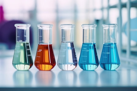 Glass flasks for liquid samples of reagents. Laboratory equipment for dispensing liquid samples. Chemical liquids analysis and testingの素材
