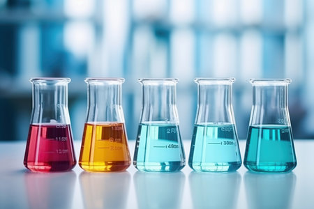 Glass flasks for liquid samples of reagents. Laboratory equipment for dispensing liquid samples. Chemical liquids analysis and testingの素材