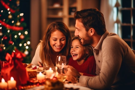 Winter holidays and people concept - happy family at the table celebrating christmas and new year. home holiday. Blurred background. selective focusの素材