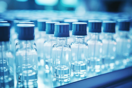 Glass vials for liquid samples. Laboratory equipment for dispensing fluid samples. Shallow depth of fieldの素材