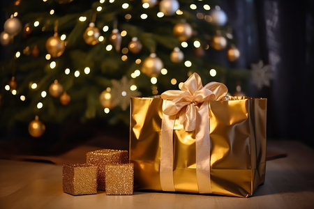 Gift for Christmas and New Year from gold paper on the background of the Christmas tree. Blurred background. christmas lights. Space for copyの素材