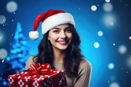 Happy young woman with a box with a Christmas present on a blue snowy background. Vivid emotions. New Yearの素材
