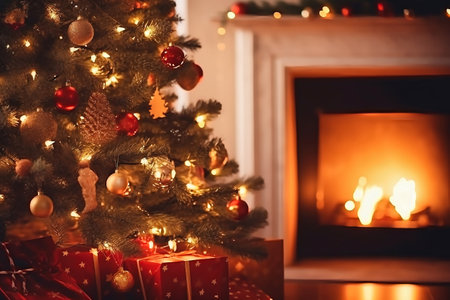 Winter holiday atmosphere in a warm room with a Christmas tree full of lights and toys near a cute fireplace with gifts. Christmas interior. New Year's design. Blurred background. selective focusの素材
