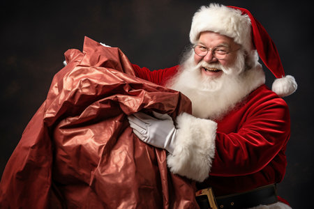 Happy Santa Claus with a big bag of gifts for children. Merry Christmas. New Year's Eve concept. Bright image of Santa for advertising and designの素材