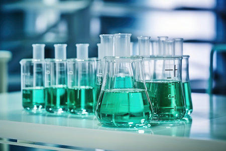 Glass flasks for liquid samples of reagents. Laboratory equipment for dispensing liquid samples. Chemical liquids analysis and testingの素材