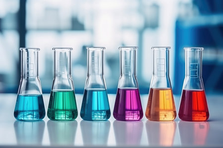 Glass flasks for liquid samples of reagents. Laboratory equipment for dispensing liquid samples. Chemical liquids analysis and testingの素材
