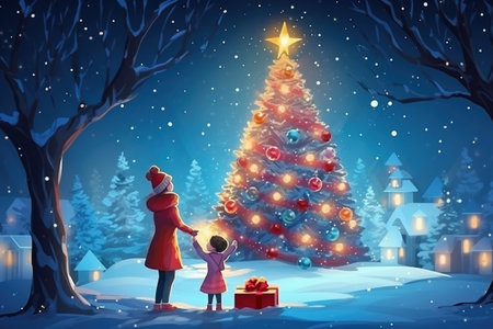 Merry Christmas and Happy Holidays! Cheerful mother and her cute daughter exchange gifts. A parent and a small child have fun near the Christmas tree on the street. Stylization as a vector drawingの素材