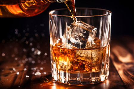 The bartender pours whiskey into a glass with ice on the bar counter. close up. Blurred background. Elite alcoholic drinksの素材