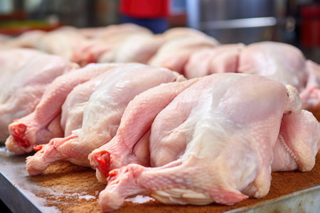 Poultry farm production of chicken meat. Industrial production and packaging of chicken meat. Chicken carcases and tenderloin. modern food industryの素材