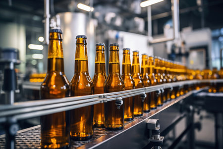 Factory for the production of beer. Brewery conveyor with glass beer drink alcohol bottles, modern production line. Blurred background. Modern production for bottling drinks. selective focusの素材