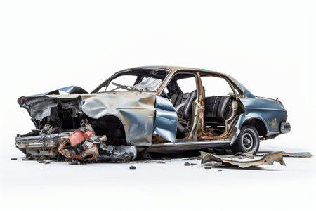 The car get damaged in an accident on the road. Broken car after a collision. car accident isolated on white backgroundの素材