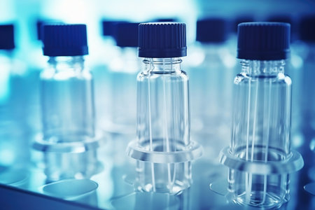 Glass vials for liquid samples. Laboratory equipment for dispensing fluid samples. Shallow depth of fieldの素材