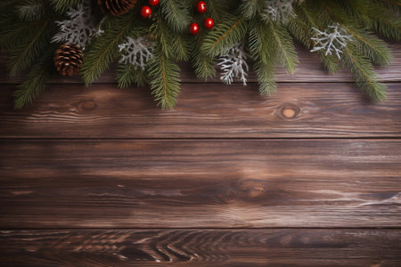 Christmas background with fir tree and decoration on dark wooden board view from above. Space for copyの素材