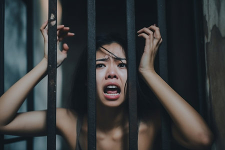 Hands of women desperate to catch the iron prison,prisoner concept,thailand people,Hope to be free,If the violate the law would be arrested and jailedの素材