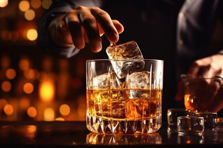 The bartender pours whiskey into a glass with ice on the bar counter. close up. Blurred background. Elite alcoholic drinksの素材