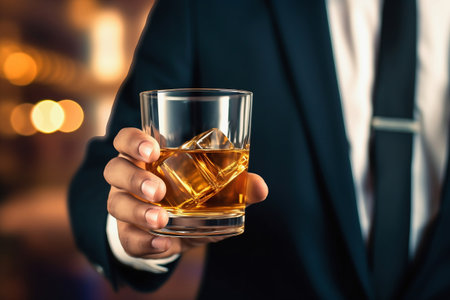 A businessman holds a glass of whiskey with ice in his hands. close-up. Dark blurred background. Business negotiations with a glass of alcoholの素材