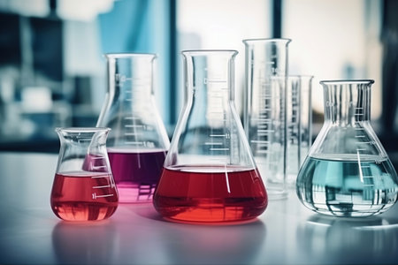 Glass flasks for liquid samples of reagents. Laboratory equipment for dispensing liquid samples. Chemical liquids analysis and testingの素材