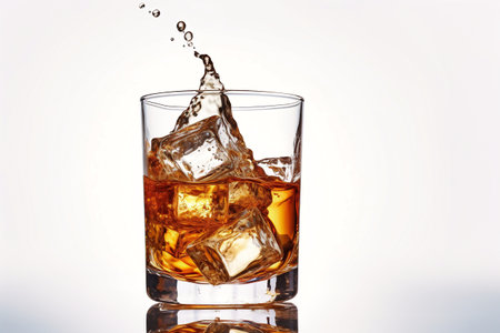 Glass of whiskey with ice splashes. white background. Splashes and drops of whiskey fly from the glass in different directionsの素材