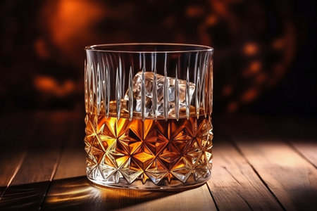 Whiskey in glass with cubes of ice on dark wooden rustic background, close upの素材